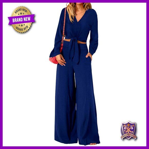 Women's 2 Piece Lounge Set V Neck Crop Top Wide Leg Pants Polyester